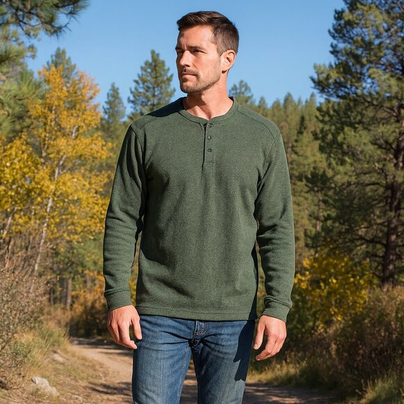 Eddie Bauer Waffle Knit Men 2XL Green 1/4 Button Thermal Long Sleeve Sport Shirt - Picture 1 of 8